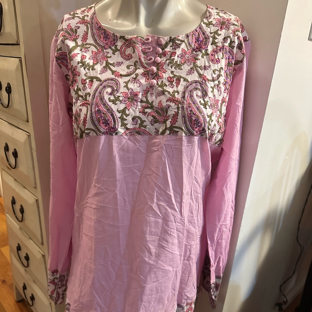 Boho Pink Cotton Tunic Blouse with Paisley Floral accents
